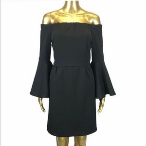 Trina Turk Off The Shoulder Bell Sleeve Dress, Black Polyester, Size 8, NWT